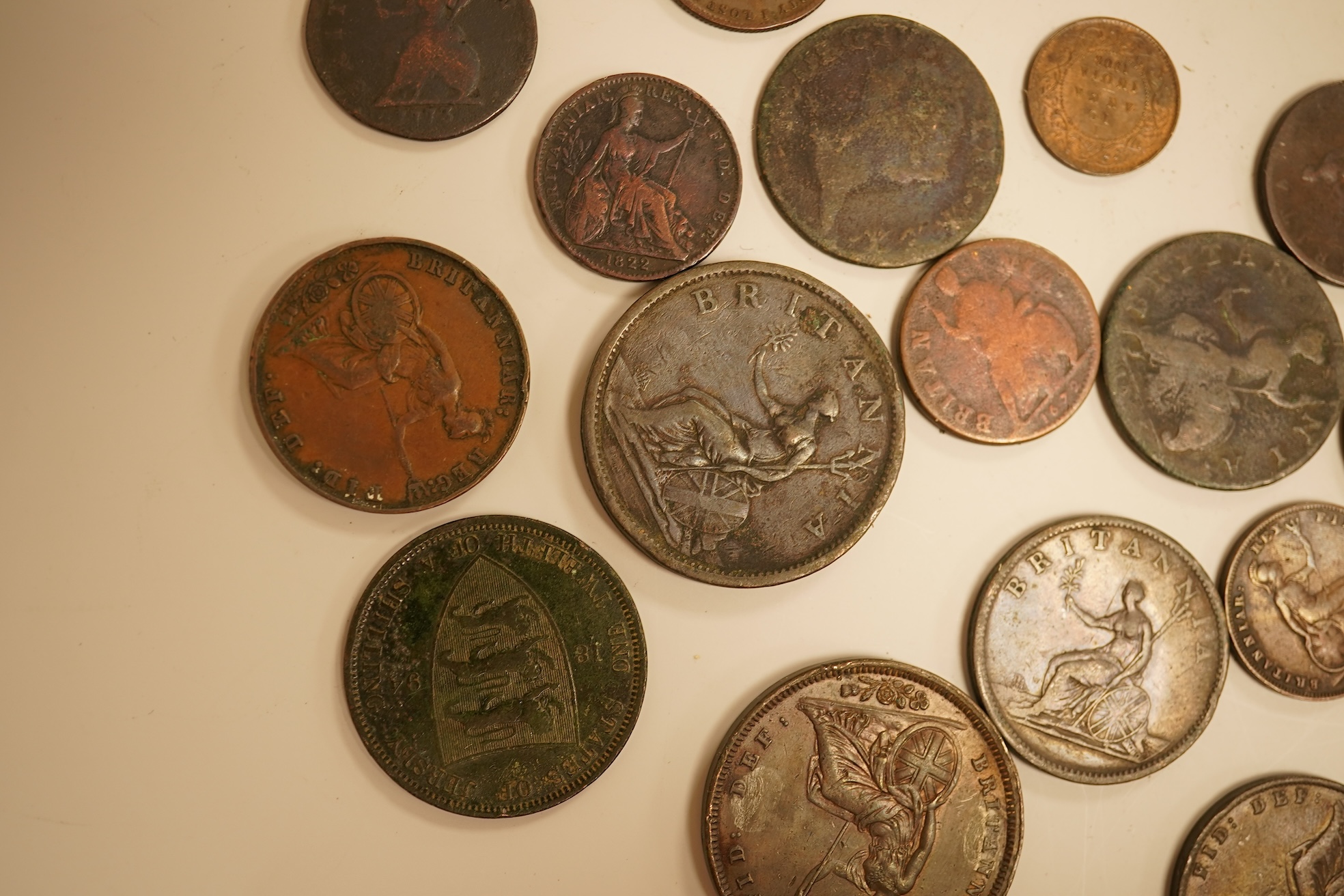 Twenty three copper coins including a William IV penny